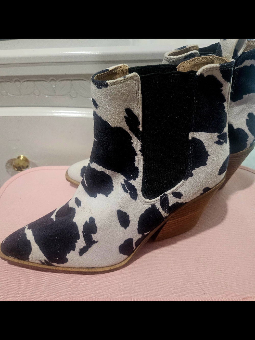 Cow Print Western Ankle Boots - Black & White